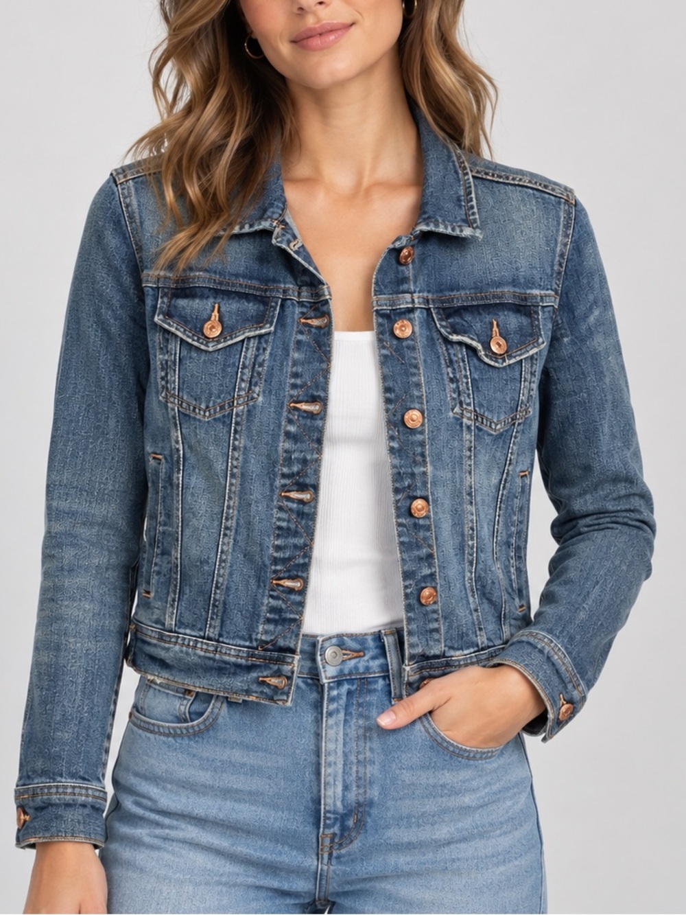 Zara Z1975 Basic Denim Jacket XS Distressed Medium Wash